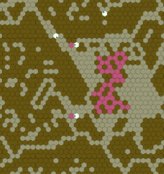 a hexgrid showing "food" and wall tiles moved together by the bots into some organic-looking clump