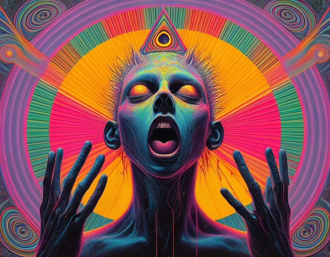 Image with seed 2357284381 generated via Stable Diffusion through @stablehorde@sigmoid.social. Prompt: fnord is the sound of one single hand clapping, surrealism, elektrodada, chaos magick, occult, silly, whimsical, colourful, fantasy, suddenly very gay 