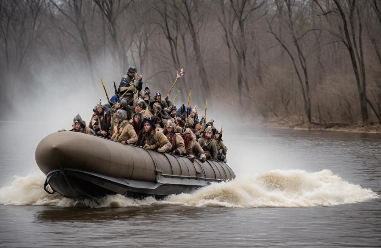 Image with seed 1450127585 generated via Stable Diffusion through @stablehorde@sigmoid.social. Prompt: Washington crossing the Delaware River in a rocket ship, , wildlife photography, photograph, high quality, wildlife, f 1.8, soft focus, 8k, national geographic, award-winning photograph by nick nichols###