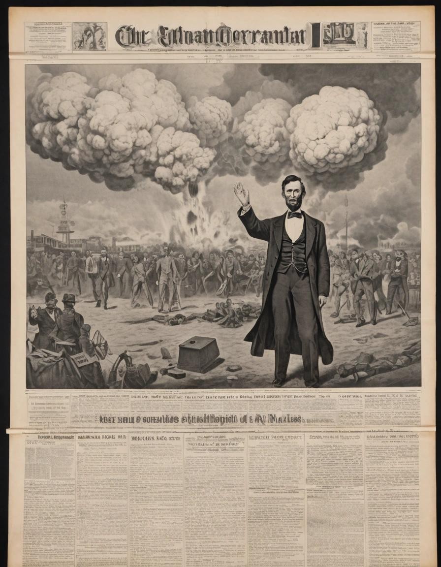 Image with seed 4179822564 generated via Stable Diffusion through @stablehorde@sigmoid.social. Prompt: antique broadsheet drawing, Abraham Lincoln launching nukes, , text, monotone###, colorful