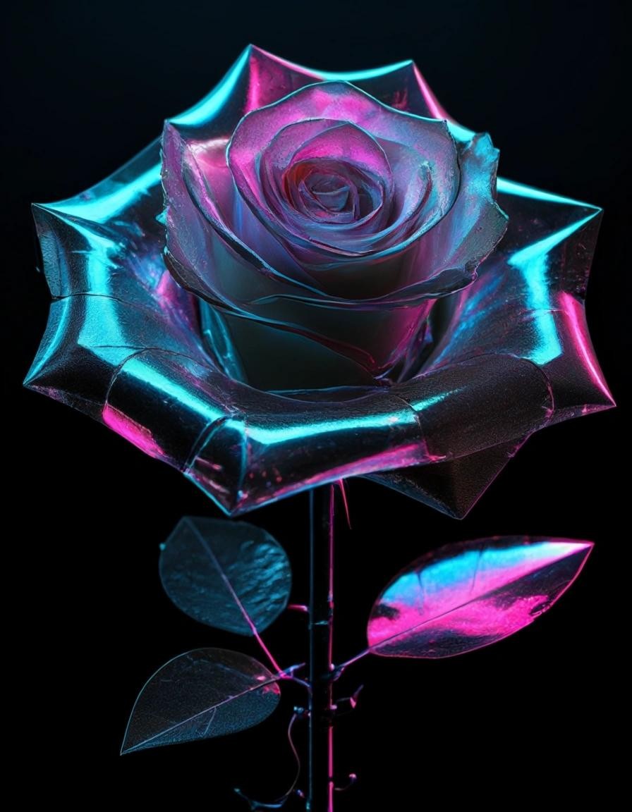 Image with seed 3364222011 generated via Stable Diffusion through @stablehorde@sigmoid.social. Prompt: fragments of a hologram rose, cyberpunk, science fiction, twenty minutes into the future, dark future, dystopian 