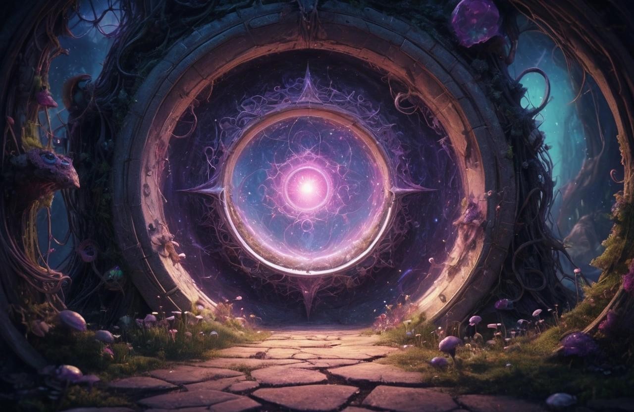 Image with seed 3945858518 generated via Stable Diffusion through @stablehorde@sigmoid.social. Prompt: Magic portal to Elsewhere, fantasy, surrealism, science fiction, psychedelic, whimsical, cute, disturbing, sweet, dreamlike, strange, occult 