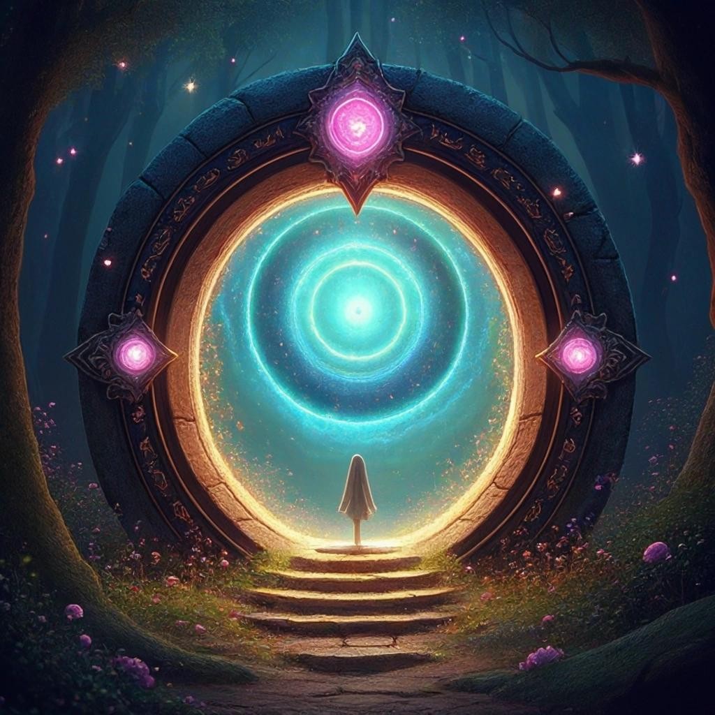 Image with seed 1187444487 generated via Stable Diffusion through @stablehorde@sigmoid.social. Prompt: Magic portal to Elsewhere, fantasy, surrealism, science fiction, psychedelic, whimsical, cute, disturbing, sweet, dreamlike, strange, occult 