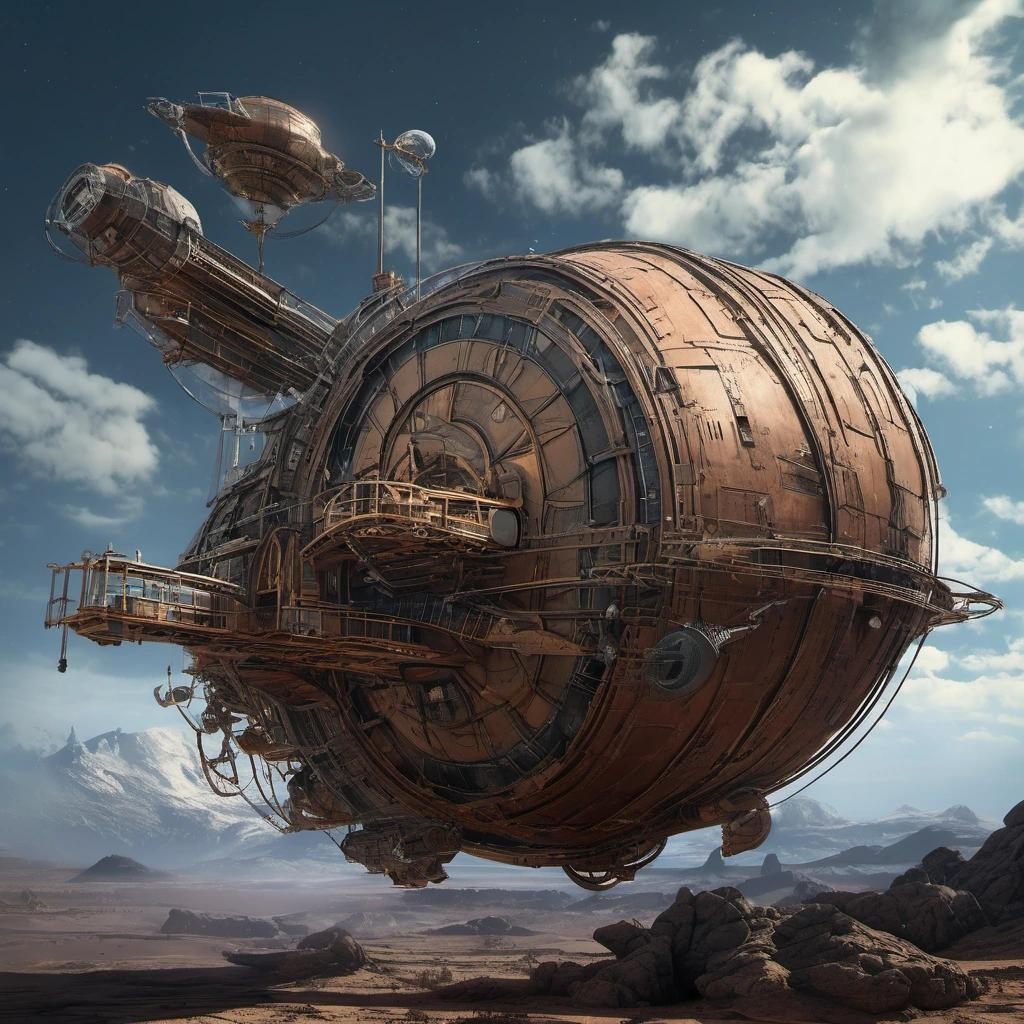 Image with seed 3983641595 generated via Stable Diffusion through @stablehorde@sigmoid.social. Prompt: steam powered planetary sky ship from the space 1889 universe. 