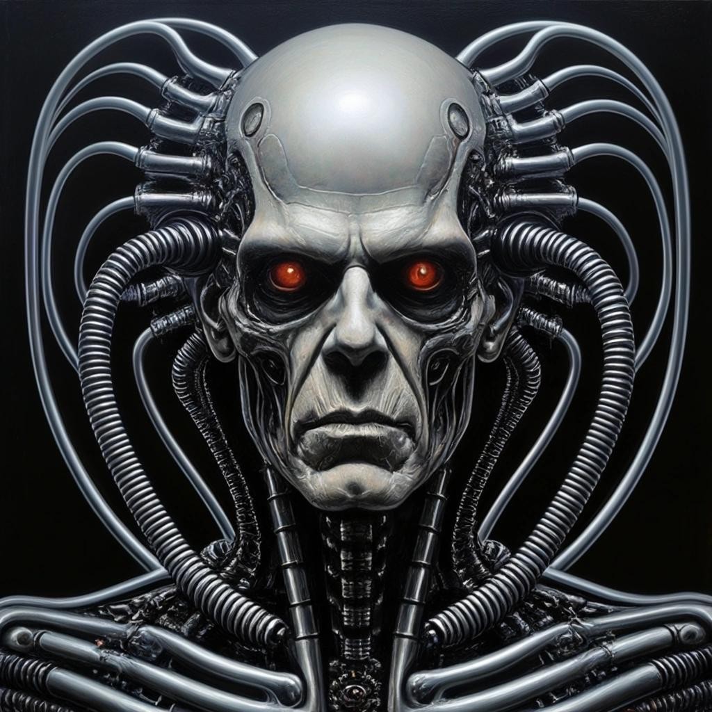 Image with seed 1557350893 generated via Stable Diffusion through @stablehorde@sigmoid.social. Prompt: cyborg nightmare gothic self portrait of Hans Ruedi Giger 