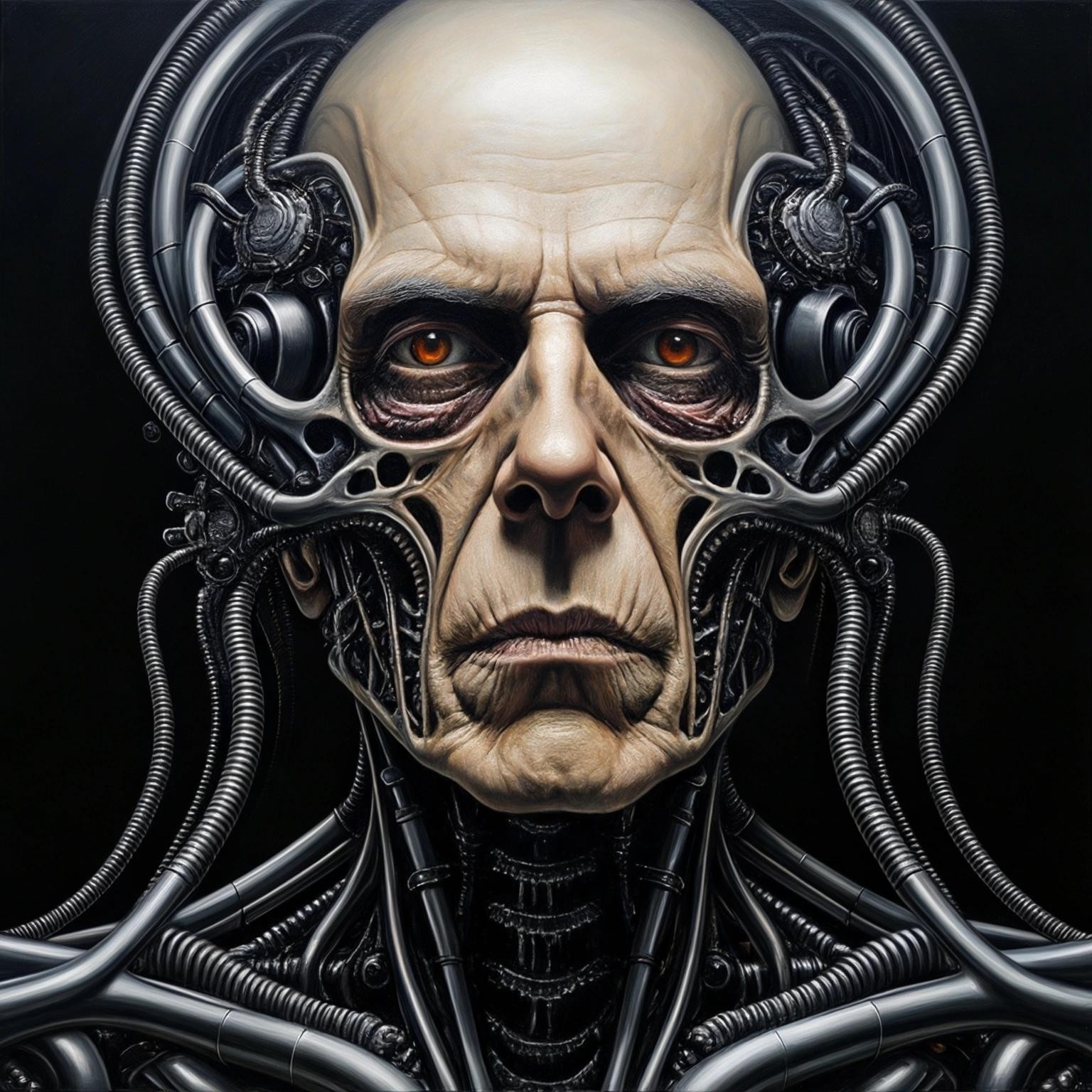 Image with seed 1789903306 generated via Stable Diffusion through @stablehorde@sigmoid.social. Prompt: cyborg nightmare gothic self portrait of Hans Ruedi Giger 