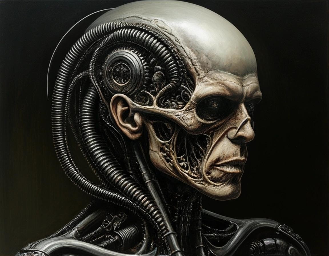 Image with seed 2276546734 generated via Stable Diffusion through @stablehorde@sigmoid.social. Prompt: cyborg nightmare gothic self portrait of Hans Ruedi Giger 
