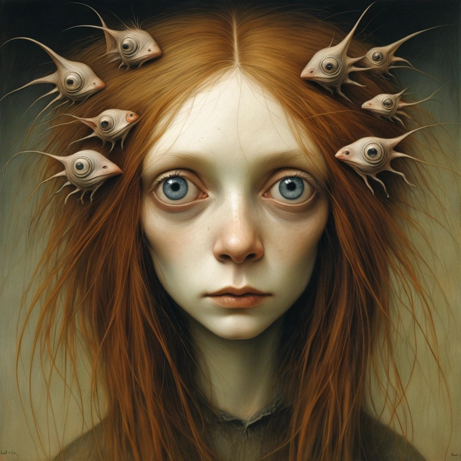 Image with seed 1006577708 generated via Stable Diffusion through @stablehorde@sigmoid.social. Prompt: the tiny people living in my hair are so weird, surrealism, fantasy, whimsical, beautiful face, expressive eyes, Brian Froud, Hieronymus Bosch 