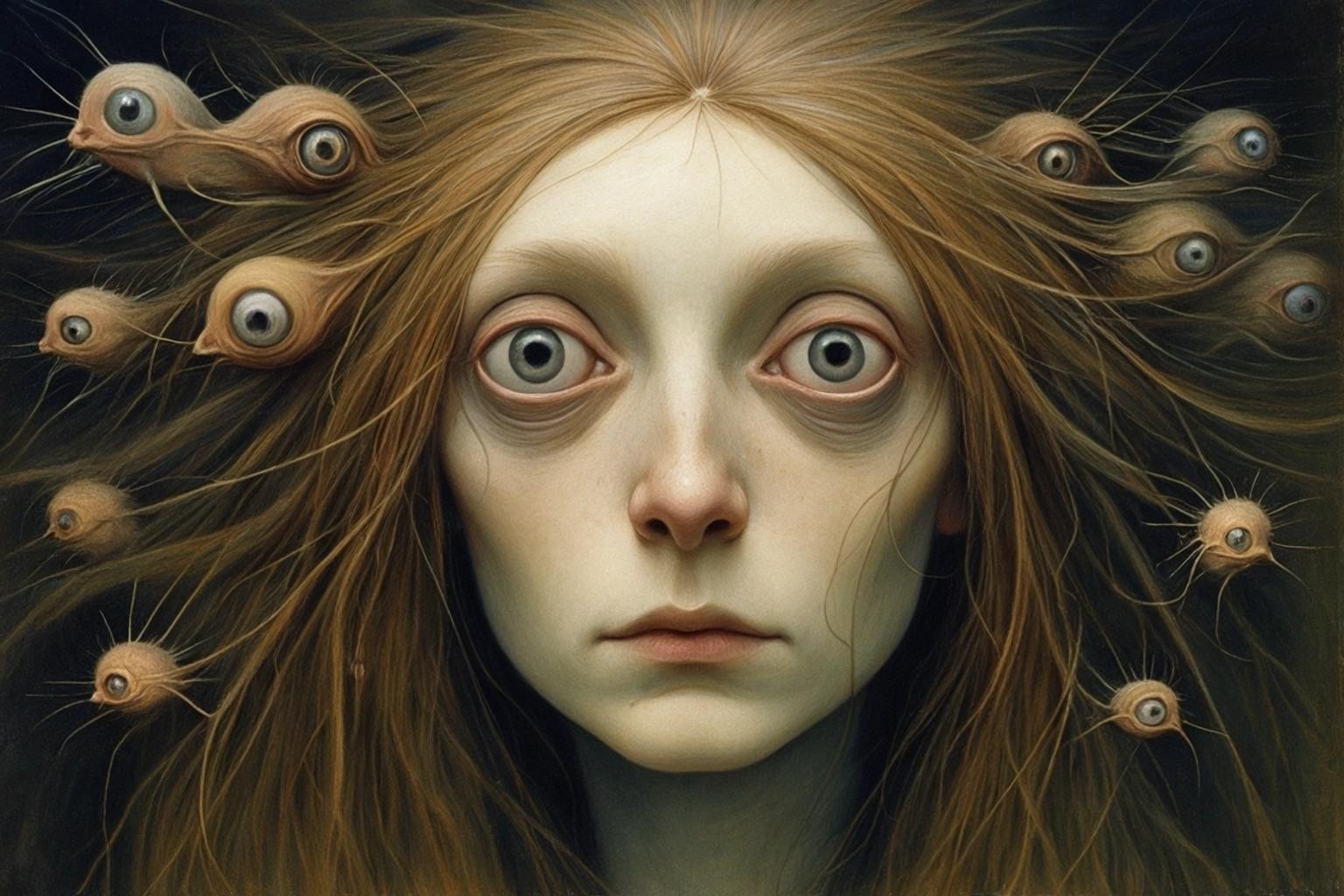 Image with seed 3234037997 generated via Stable Diffusion through @stablehorde@sigmoid.social. Prompt: the tiny people living in my hair are so weird, surrealism, fantasy, whimsical, beautiful face, expressive eyes, Brian Froud, Hieronymus Bosch 