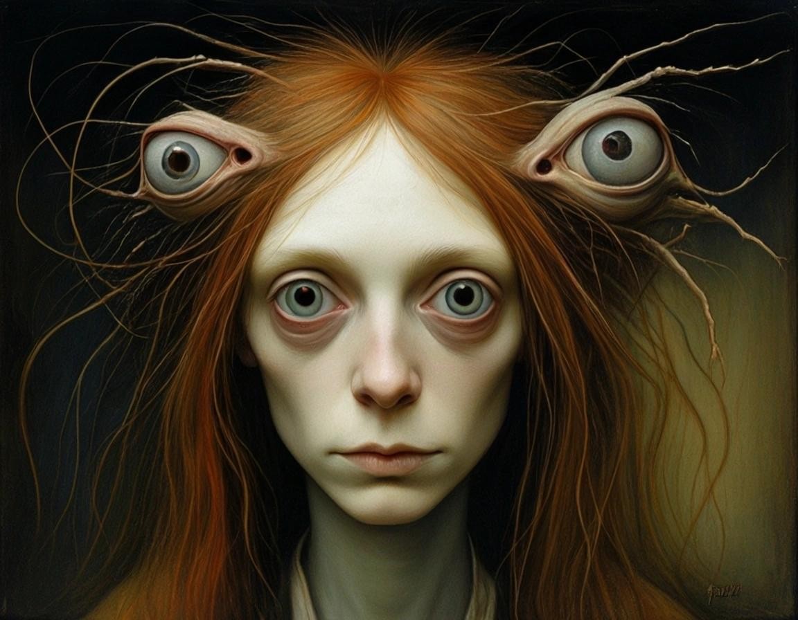 Image with seed 1464279045 generated via Stable Diffusion through @stablehorde@sigmoid.social. Prompt: the tiny people living in my hair are so weird, surrealism, fantasy, whimsical, beautiful face, expressive eyes, Brian Froud, Hieronymus Bosch 