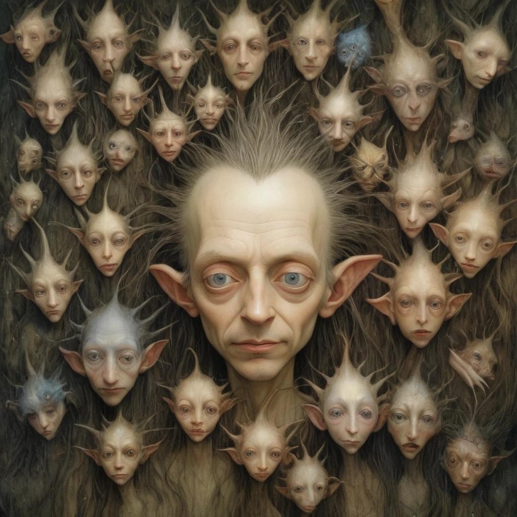 Image with seed 2400469123 generated via Stable Diffusion through @stablehorde@sigmoid.social. Prompt: the tiny people living in my hair are so weird, surrealism, fantasy, whimsical, beautiful face, expressive eyes, Brian Froud, Hieronymus Bosch 