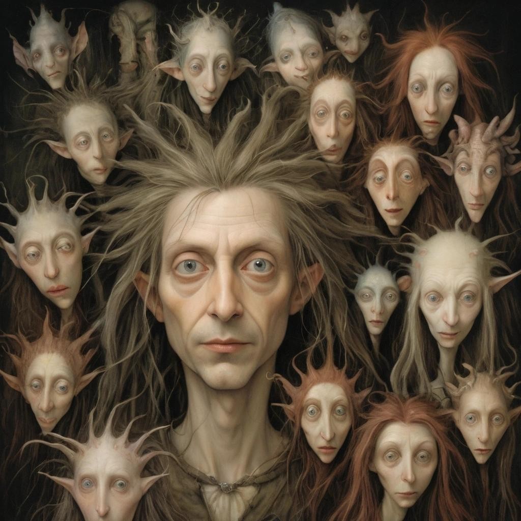Image with seed 935314817 generated via Stable Diffusion through @stablehorde@sigmoid.social. Prompt: the tiny people living in my hair are so weird, surrealism, fantasy, whimsical, beautiful face, expressive eyes, Brian Froud, Hieronymus Bosch 