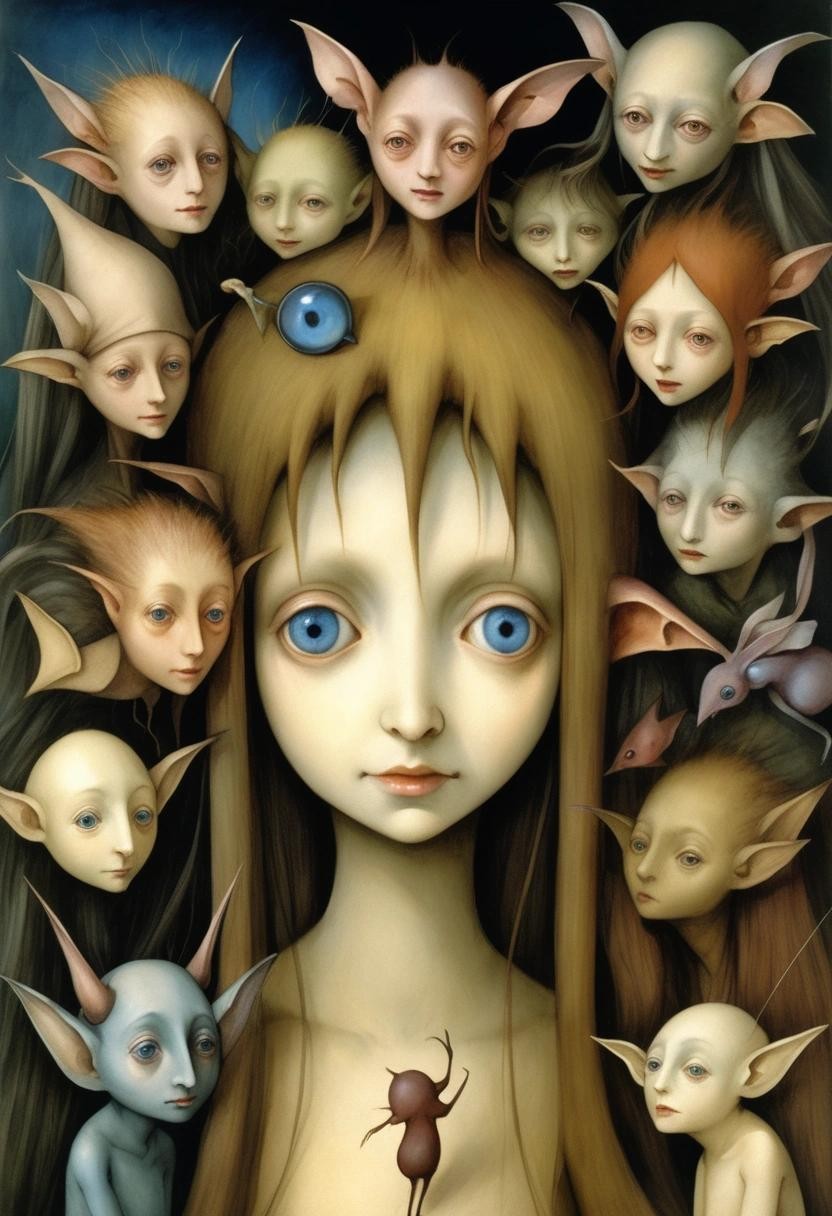 Image with seed 405393560 generated via Stable Diffusion through @stablehorde@sigmoid.social. Prompt: the tiny people living in my hair are so weird, surrealism, fantasy, whimsical, beautiful face, expressive eyes, Brian Froud, Hieronymus Bosch ###