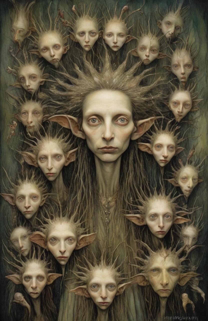 Image with seed 2658597368 generated via Stable Diffusion through @stablehorde@sigmoid.social. Prompt: ((A modern Tarot card)), the tiny people living in my hair are so weird, surrealism, fantasy, whimsical, beautiful face, expressive eyes, Brian Froud, Hieronymus Bosch ###photorealistic, cute, modern, simple, anime, plain, vector, lowres, cropped, limneart, cgi, 3d, antique