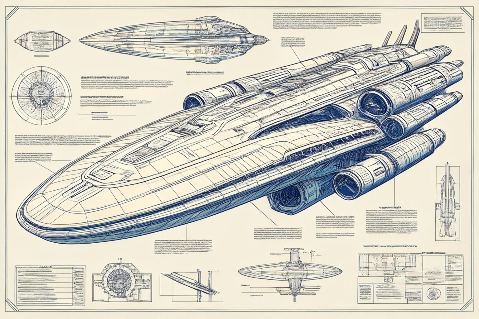 Image with seed 1873976916 generated via Stable Diffusion through @stablehorde@sigmoid.social. Prompt: Industrial blueprint of the starship Orville, science fiction, detailled 