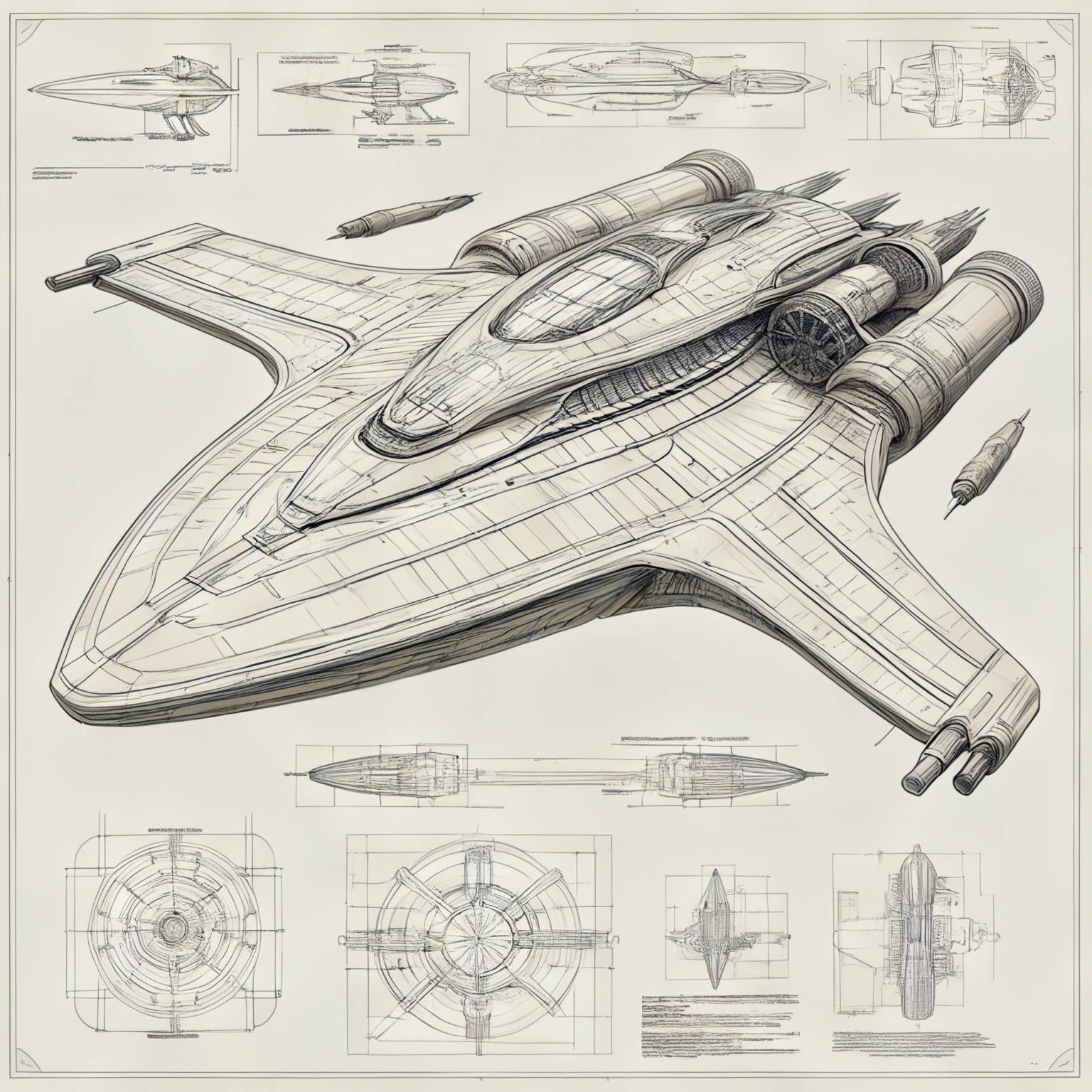 Image with seed 834805392 generated via Stable Diffusion through @stablehorde@sigmoid.social. Prompt: Industrial blueprint of the starship Orville, science fiction, detailled 
