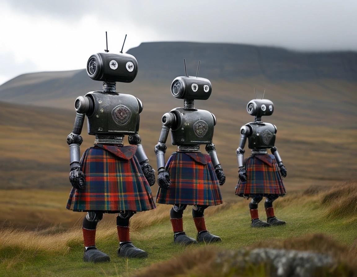 Image with seed 1926587579 generated via Stable Diffusion through @stablehorde@sigmoid.social. Prompt: Scottish robots wearing kilts in the Highlands 