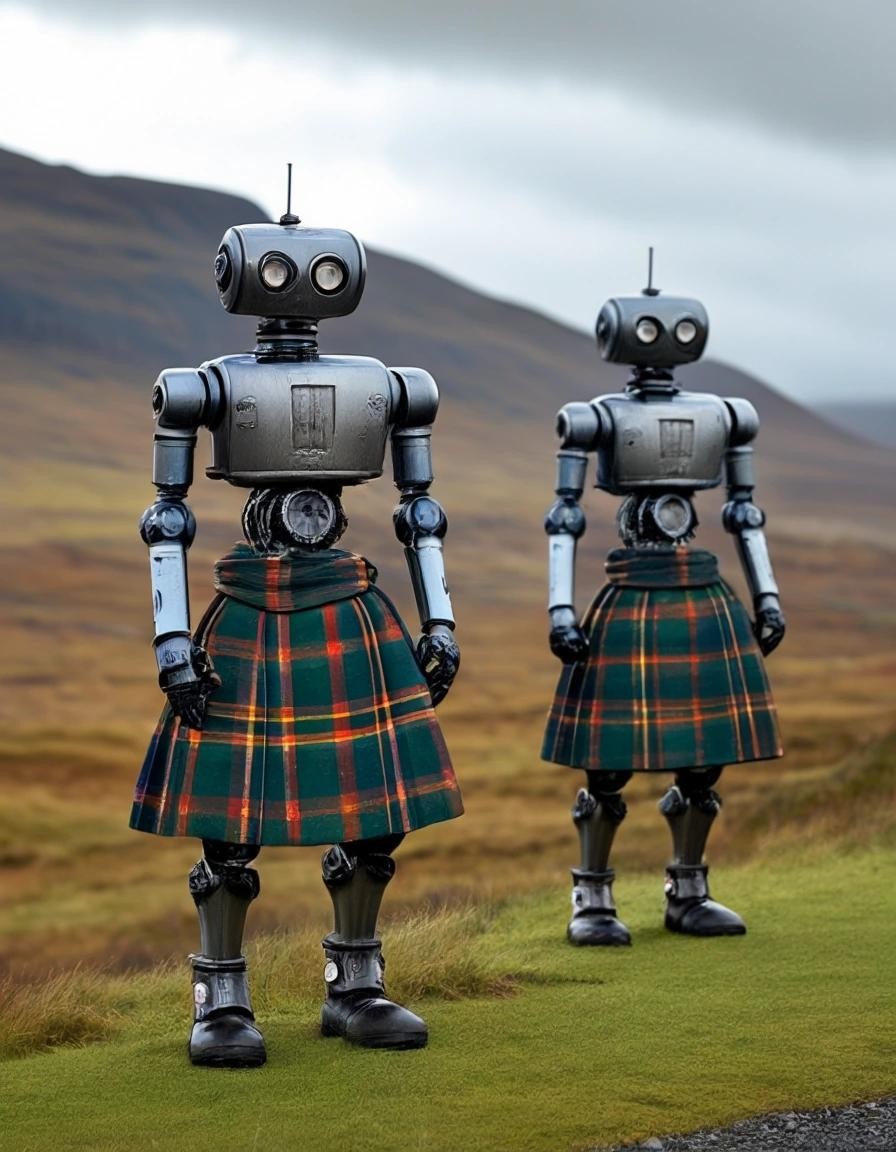 Image with seed 2993956407 generated via Stable Diffusion through @stablehorde@sigmoid.social. Prompt: Scottish robots wearing kilts in the Highlands 