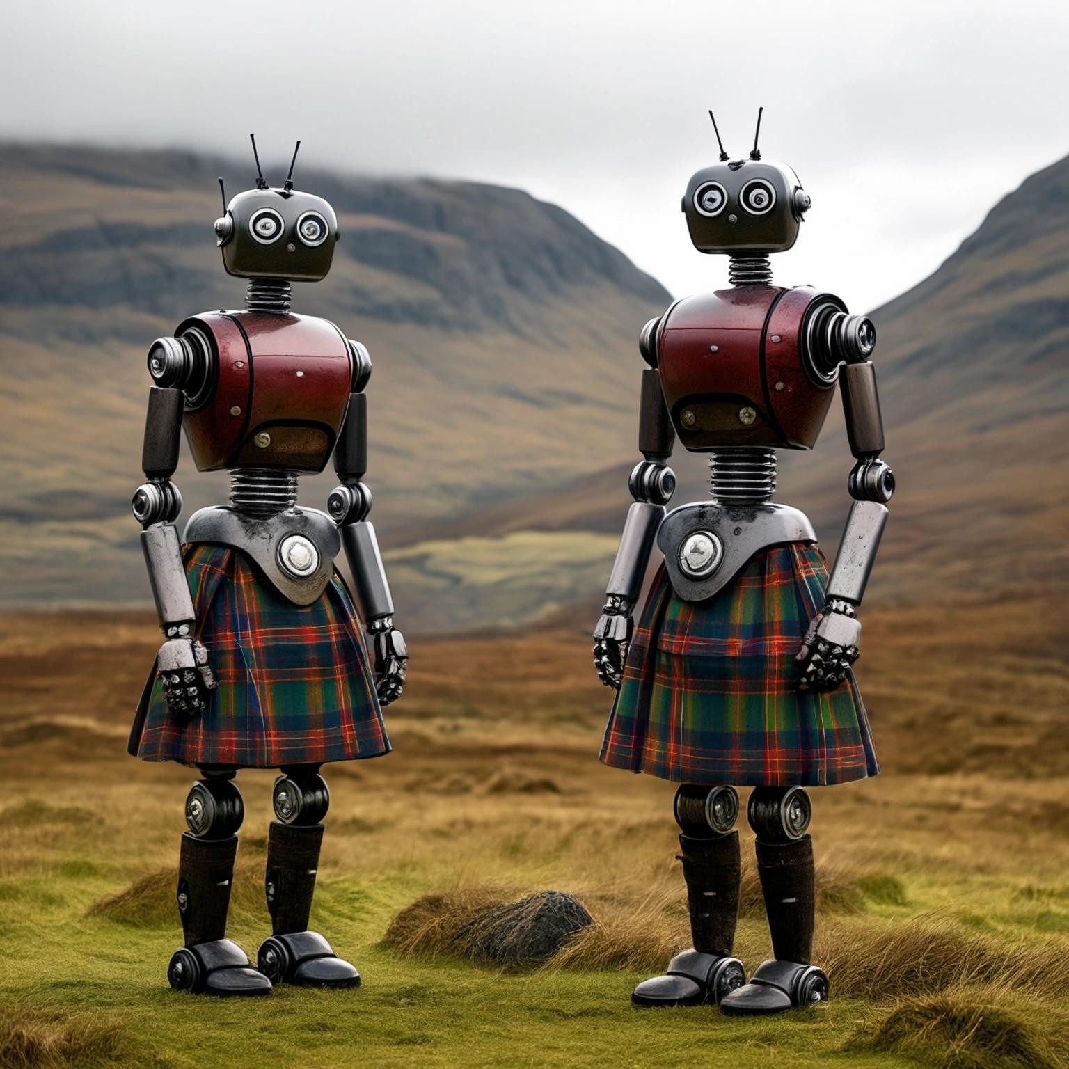 Image with seed 396183134 generated via Stable Diffusion through @stablehorde@sigmoid.social. Prompt: Scottish robots wearing kilts in the Highlands 