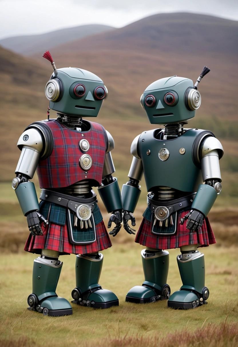 Image with seed 3519829332 generated via Stable Diffusion through @stablehorde@sigmoid.social. Prompt: Scottish robots wearing kilts in the Highlands 