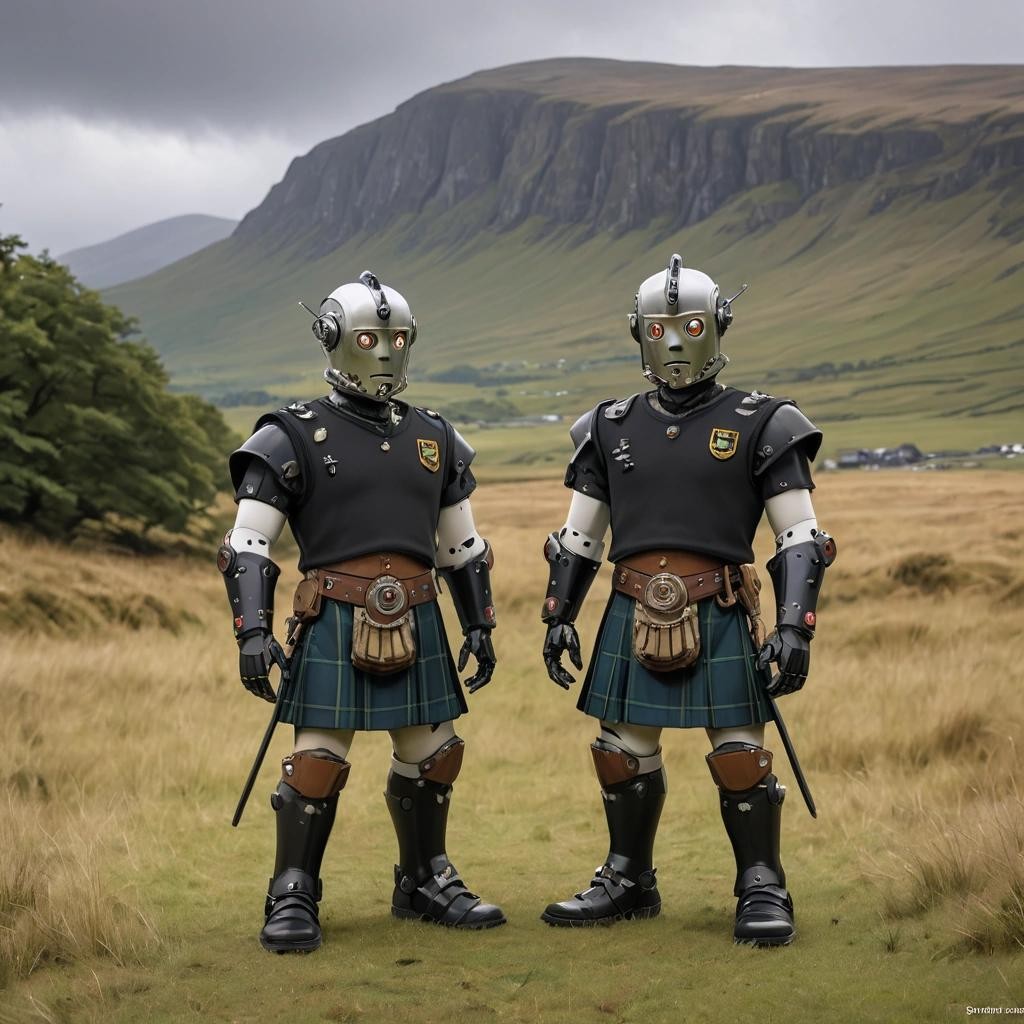 Image with seed 3039264612 generated via Stable Diffusion through @stablehorde@sigmoid.social. Prompt: Scottish robots wearing kilts in the Highlands ###