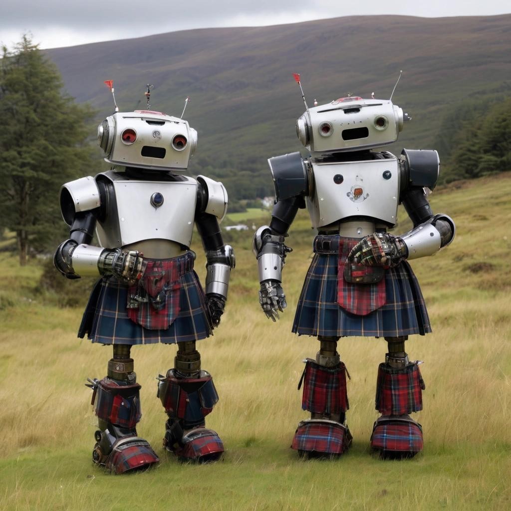 Image with seed 3218842716 generated via Stable Diffusion through @stablehorde@sigmoid.social. Prompt: Scottish robots wearing kilts in the Highlands 
