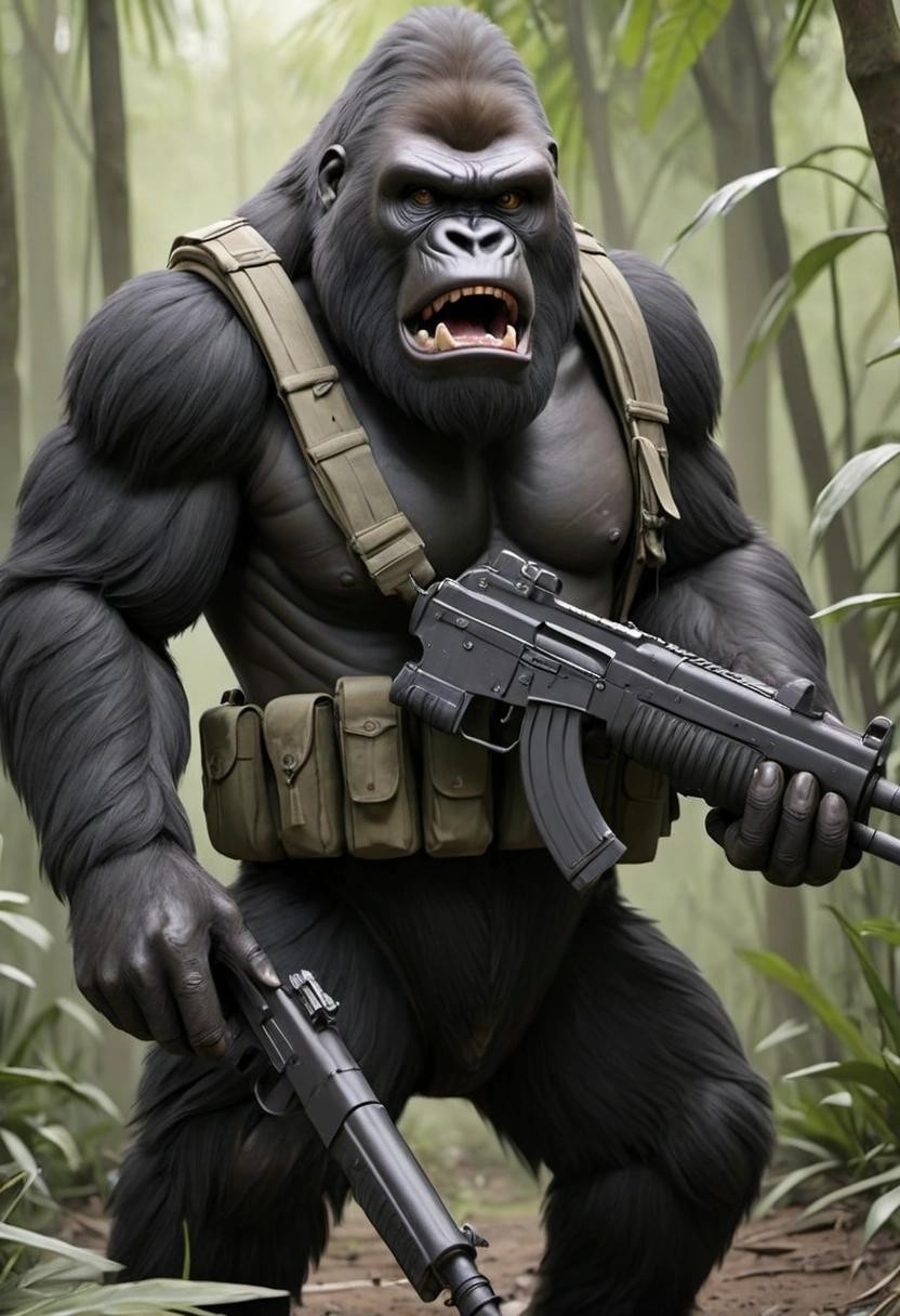 Image with seed 2257637364 generated via Stable Diffusion through @stablehorde@sigmoid.social. Prompt: heavily armed guerrilla gorilla 