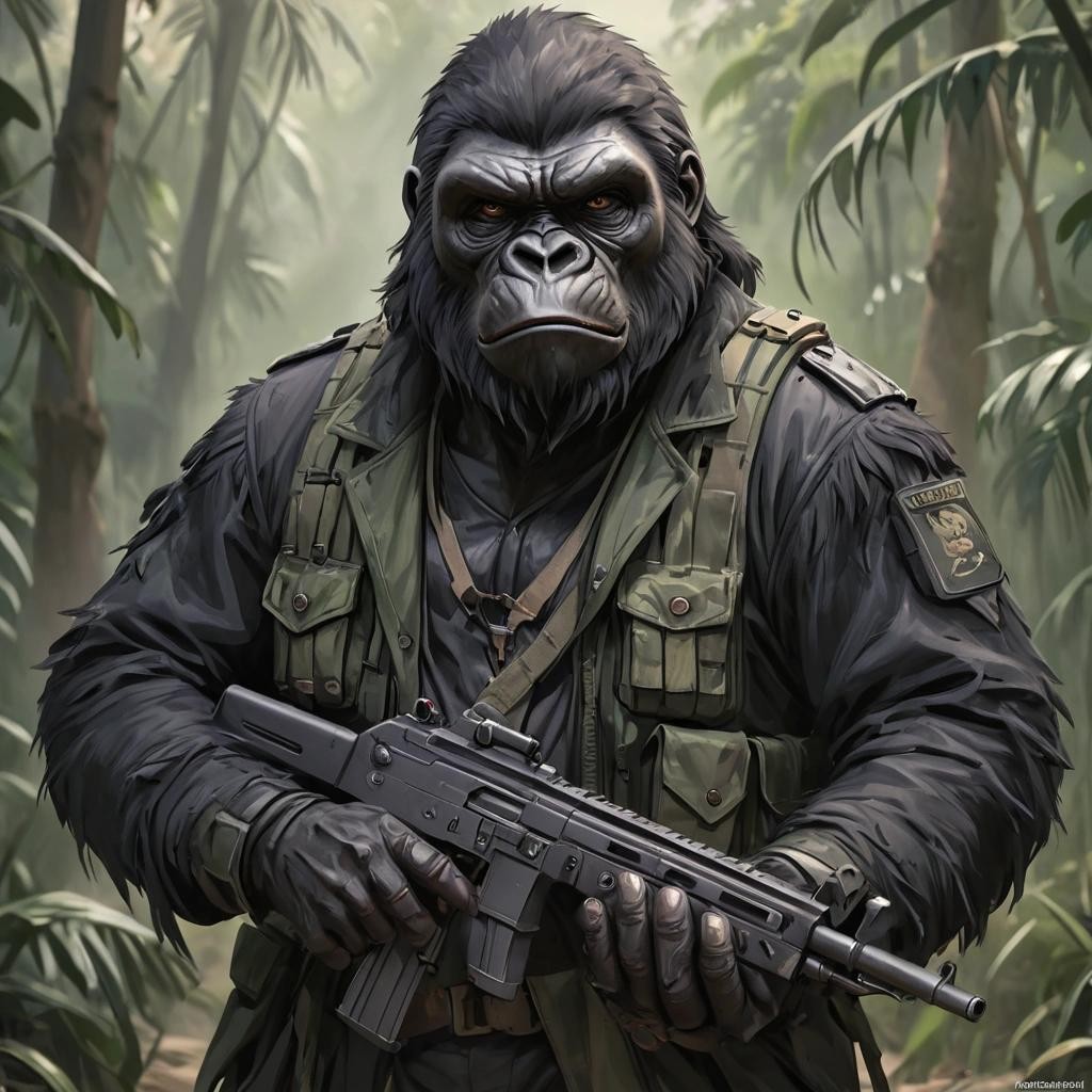 Image with seed 2495692611 generated via Stable Diffusion through @stablehorde@sigmoid.social. Prompt: heavily armed guerrilla gorilla ###