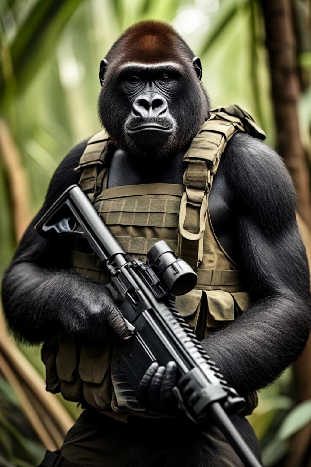 Image with seed 291362937 generated via Stable Diffusion through @stablehorde@sigmoid.social. Prompt: heavily armed guerrilla gorilla 