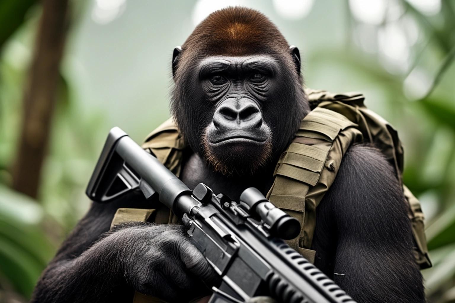 Image with seed 3716898593 generated via Stable Diffusion through @stablehorde@sigmoid.social. Prompt: heavily armed guerrilla gorilla 