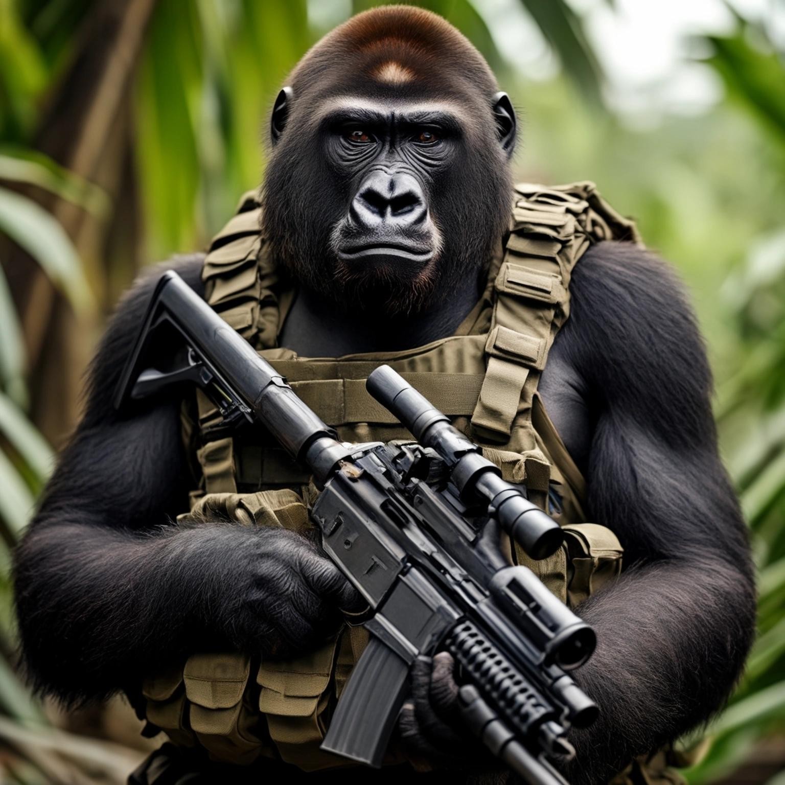 Image with seed 272998775 generated via Stable Diffusion through @stablehorde@sigmoid.social. Prompt: heavily armed guerrilla gorilla 