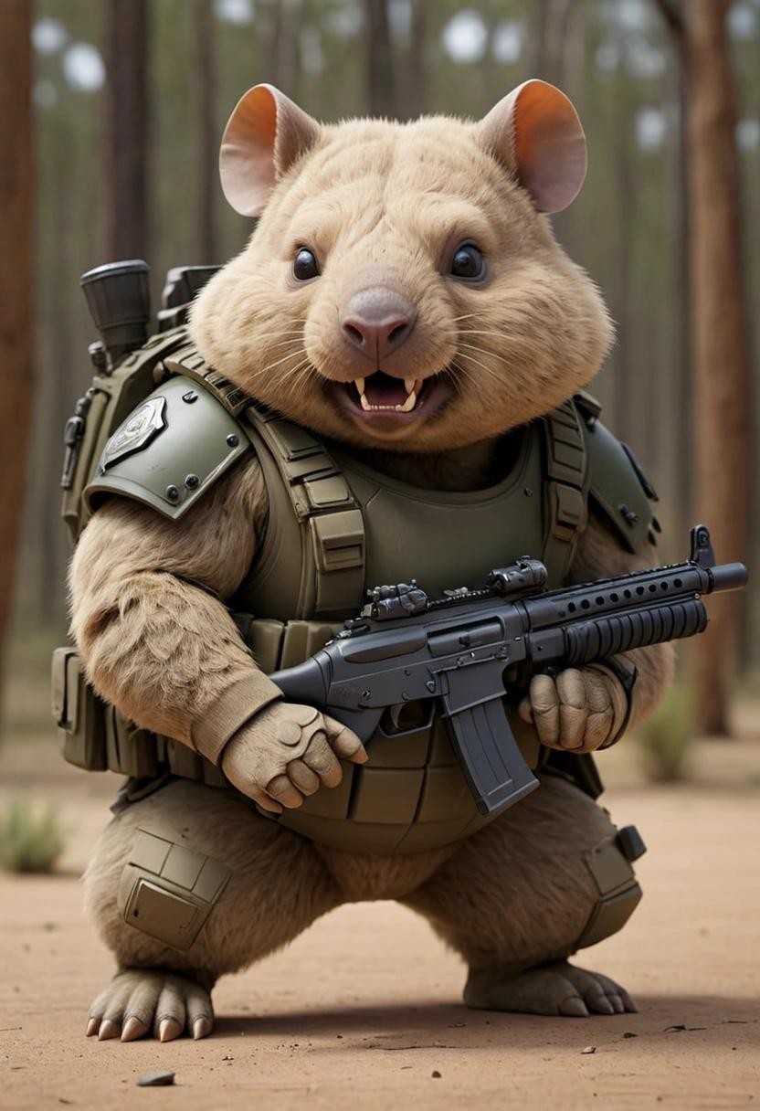 Image with seed 1010752828 generated via Stable Diffusion through @stablehorde@sigmoid.social. Prompt: heavily armed combat wombat 