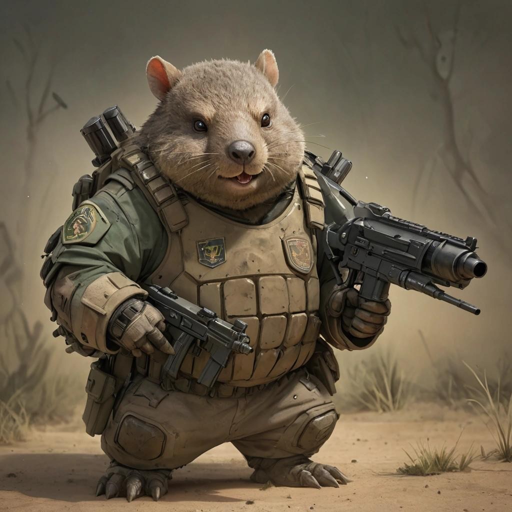 Image with seed 3670956497 generated via Stable Diffusion through @stablehorde@sigmoid.social. Prompt: heavily armed combat wombat ###