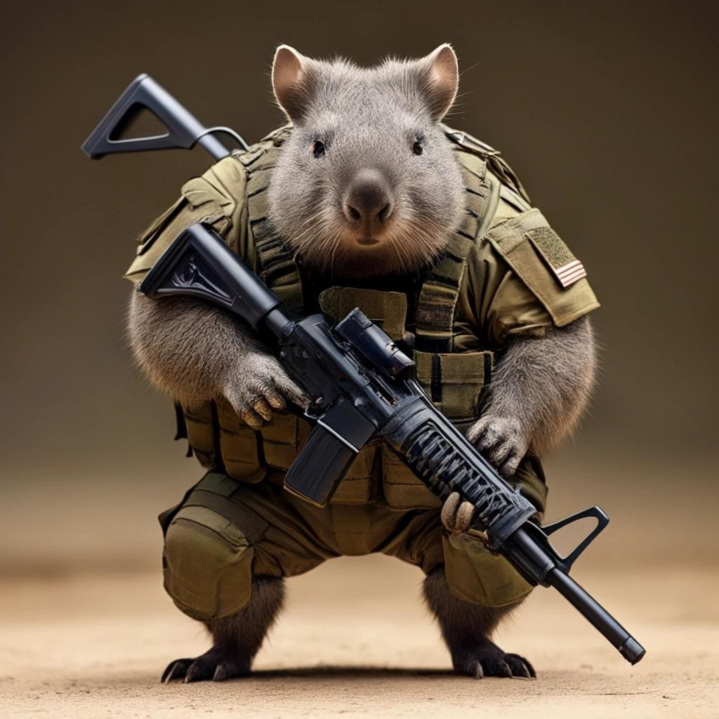 Image with seed 6266415 generated via Stable Diffusion through @stablehorde@sigmoid.social. Prompt: heavily armed combat wombat 