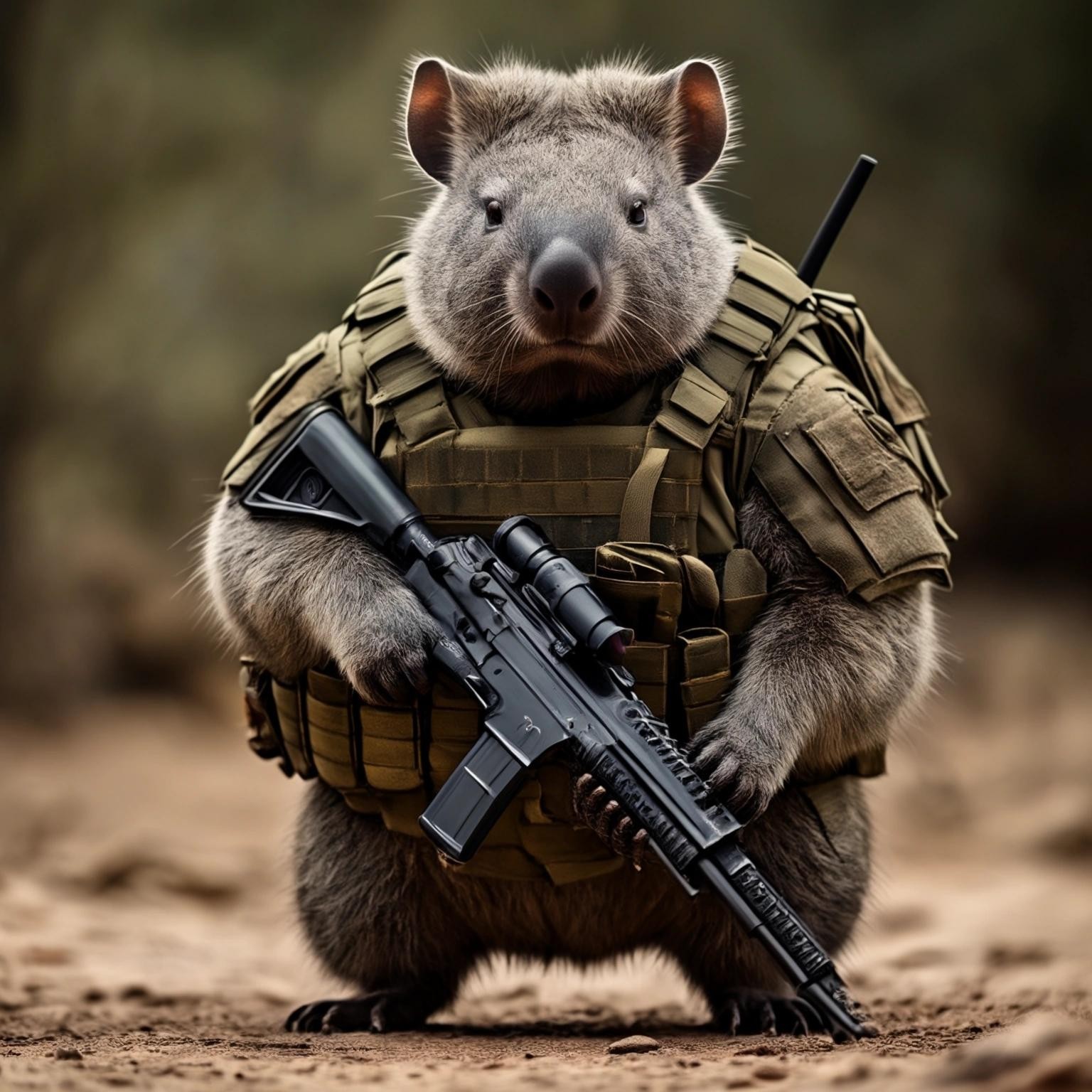 Image with seed 4233349066 generated via Stable Diffusion through @stablehorde@sigmoid.social. Prompt: heavily armed combat wombat 