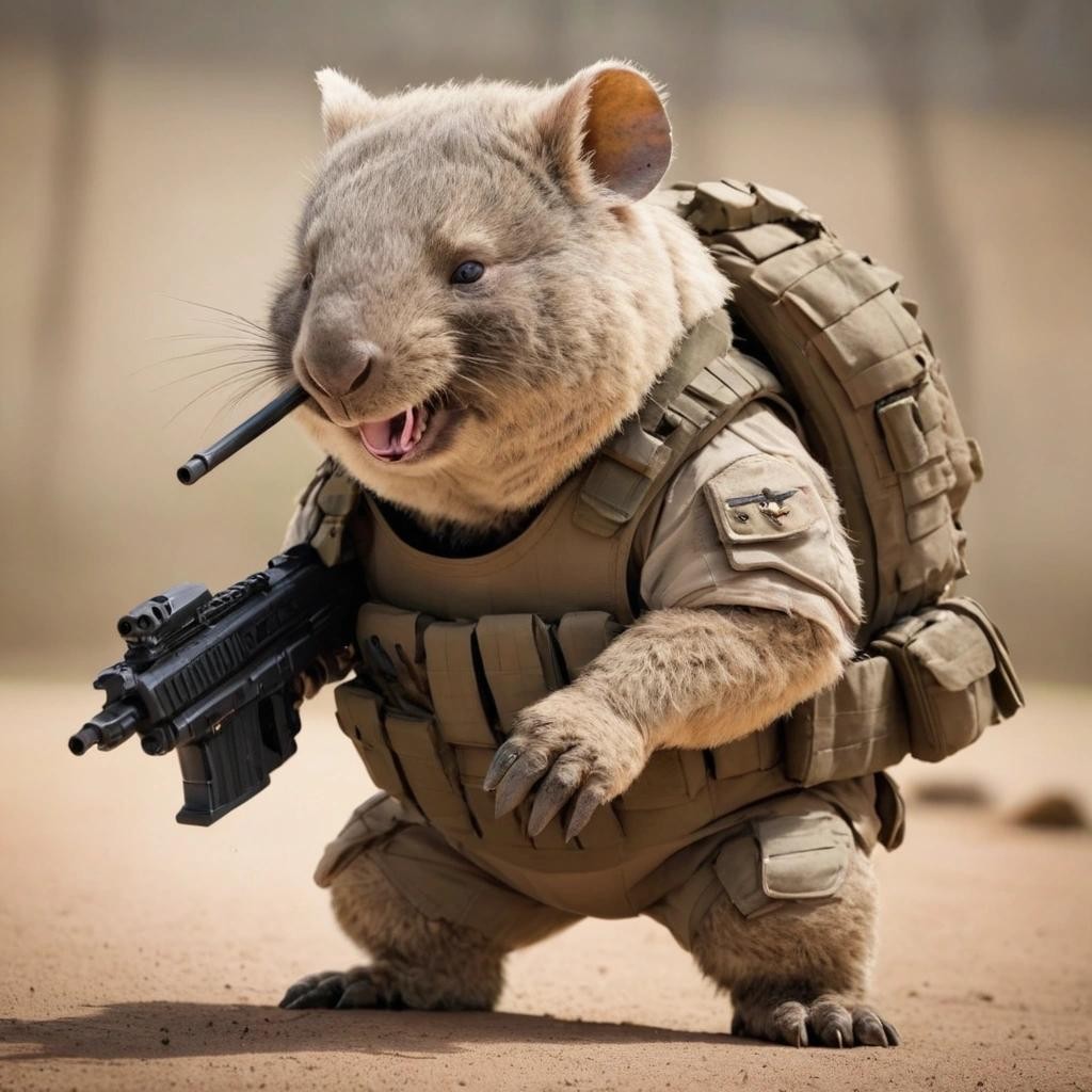 Image with seed 3731261353 generated via Stable Diffusion through @stablehorde@sigmoid.social. Prompt: heavily armed combat wombat 