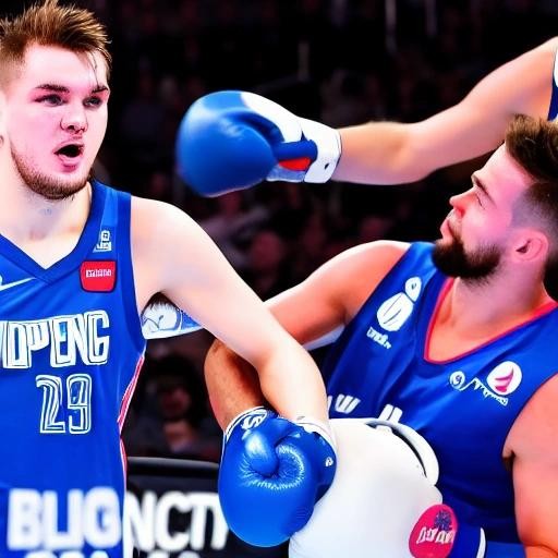 Image with seed 937166160 generated via Stable Diffusion through @stablehorde@sigmoid.social. Prompt: Luka Doncic boxing with an LA Clippers branded punching bag 