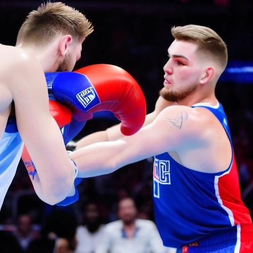 Image with seed 938635051 generated via Stable Diffusion through @stablehorde@sigmoid.social. Prompt: Luka Doncic boxing with an LA Clippers branded punching bag 