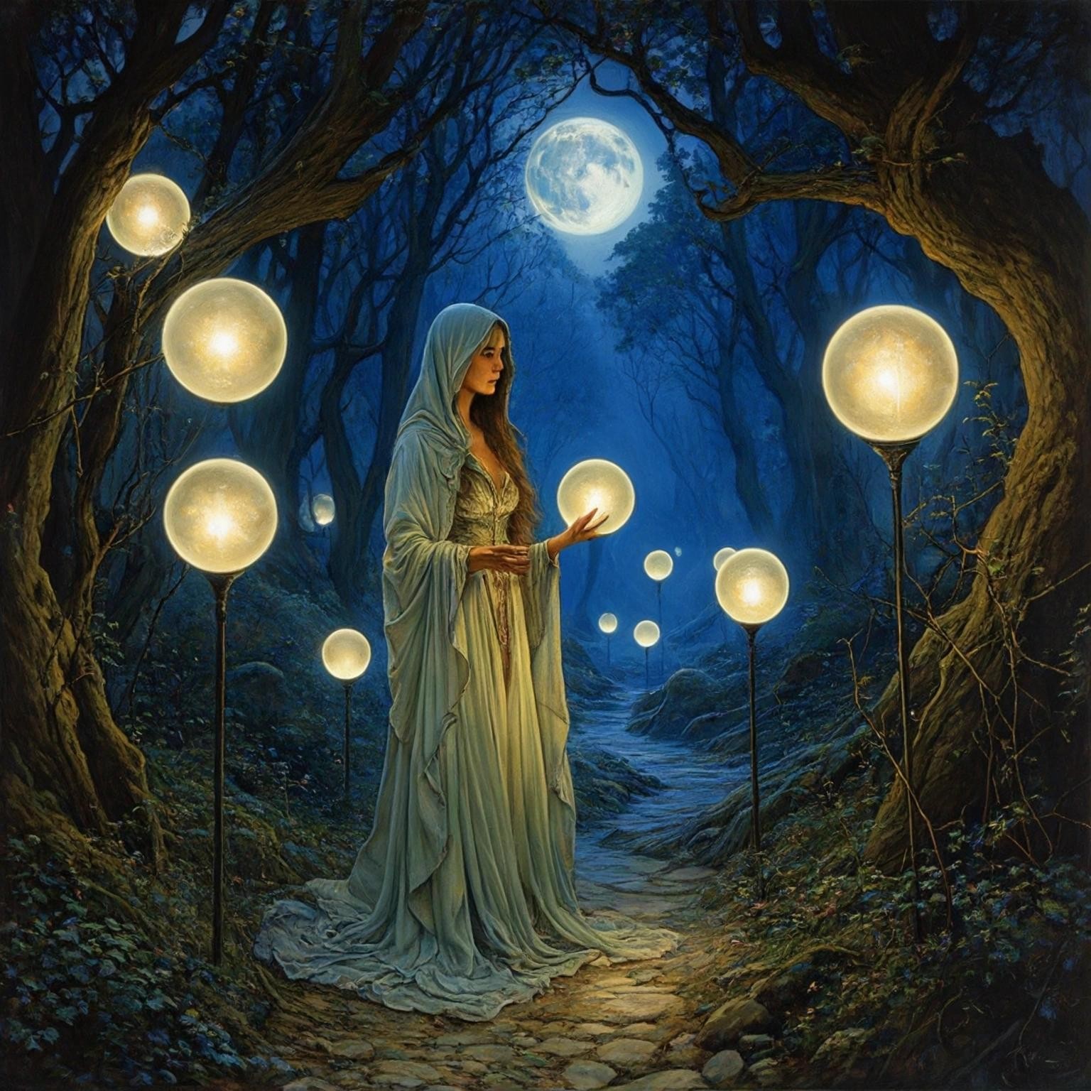 Image with seed 2934011330 generated via Stable Diffusion through @stablehorde@sigmoid.social. Prompt: Elven Priestess standing between two glowing orbs in a magical grove at night, highly detailed, elegant, fantasy, oil on canvas, very attractive, beautiful, Pre-Raphaelite, Dante Gabriel Rossetti John William Waterhouse Lawrence Alma-Tadema Jean-Auguste-Dominique Ingres Brian Froud Ted Nasmith John Howe John Bauer Alan Lee Arthur Rackham 
