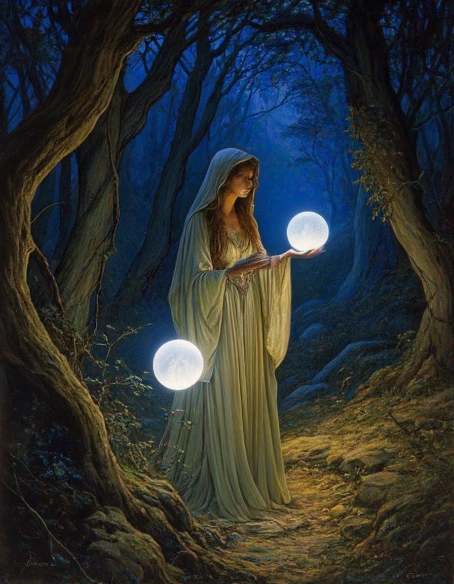 Image with seed 2052761647 generated via Stable Diffusion through @stablehorde@sigmoid.social. Prompt: Elven Priestess standing between two glowing orbs in a magical grove at night, highly detailed, elegant, fantasy, oil on canvas, very attractive, beautiful, Pre-Raphaelite, Dante Gabriel Rossetti John William Waterhouse Lawrence Alma-Tadema Jean-Auguste-Dominique Ingres Brian Froud Ted Nasmith John Howe John Bauer Alan Lee Arthur Rackham 