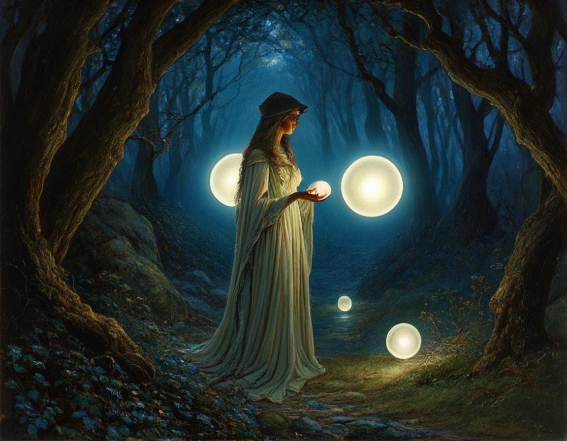 Image with seed 1864448636 generated via Stable Diffusion through @stablehorde@sigmoid.social. Prompt: Elven Priestess standing between two glowing orbs in a magical grove at night, highly detailed, elegant, fantasy, oil on canvas, very attractive, beautiful, Pre-Raphaelite, Dante Gabriel Rossetti John William Waterhouse Lawrence Alma-Tadema Jean-Auguste-Dominique Ingres Brian Froud Ted Nasmith John Howe John Bauer Alan Lee Arthur Rackham 