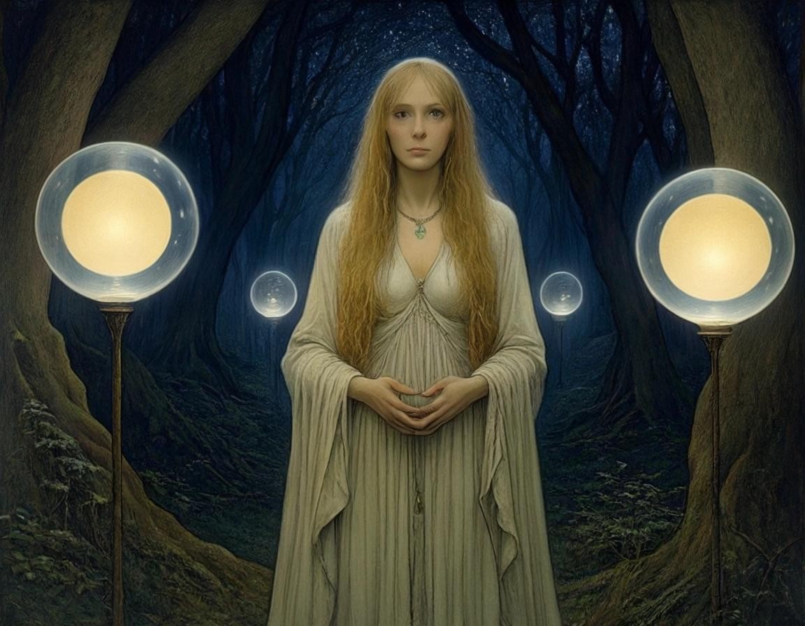 Image with seed 823790503 generated via Stable Diffusion through @stablehorde@sigmoid.social. Prompt: Elven Priestess standing between two glowing orbs in a magical grove at night, perfect face, expressive eyes, highly detailed, elegant, fantasy, oil on canvas, very attractive, beautiful, Pre-Raphaelite, Dante Gabriel Rossetti John William Waterhouse Lawrence Alma-Tadema Jean-Auguste-Dominique Ingres Brian Froud Ted Nasmith John Howe John Bauer Alan Lee