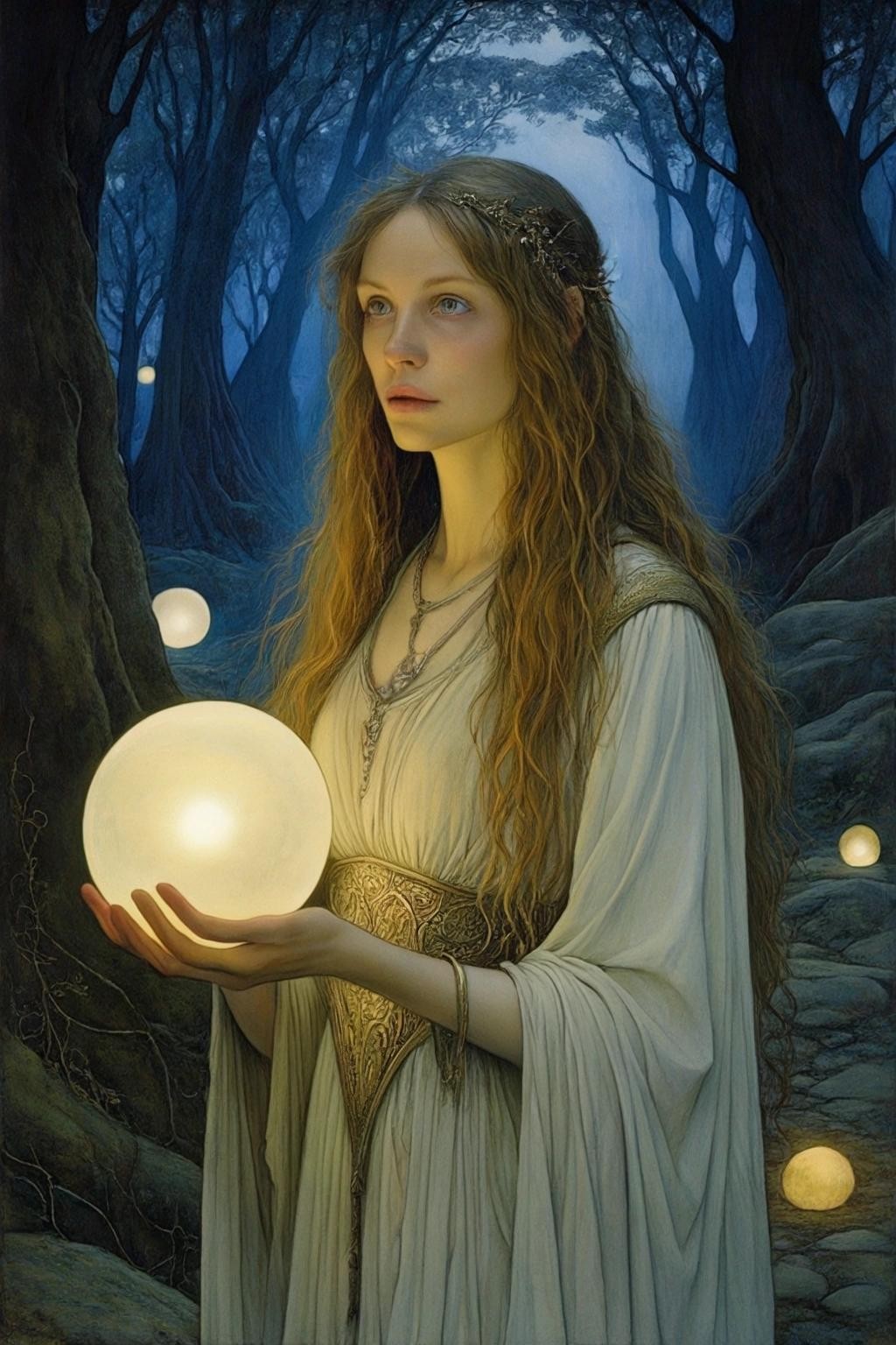 Image with seed 672337181 generated via Stable Diffusion through @stablehorde@sigmoid.social. Prompt: Elven Priestess standing between two glowing orbs in a magical grove at night, perfect face, expressive eyes, highly detailed, elegant, fantasy, oil on canvas, very attractive, beautiful, Pre-Raphaelite, Dante Gabriel Rossetti John William Waterhouse Lawrence Alma-Tadema Jean-Auguste-Dominique Ingres Brian Froud Ted Nasmith John Howe John Bauer Alan Lee
