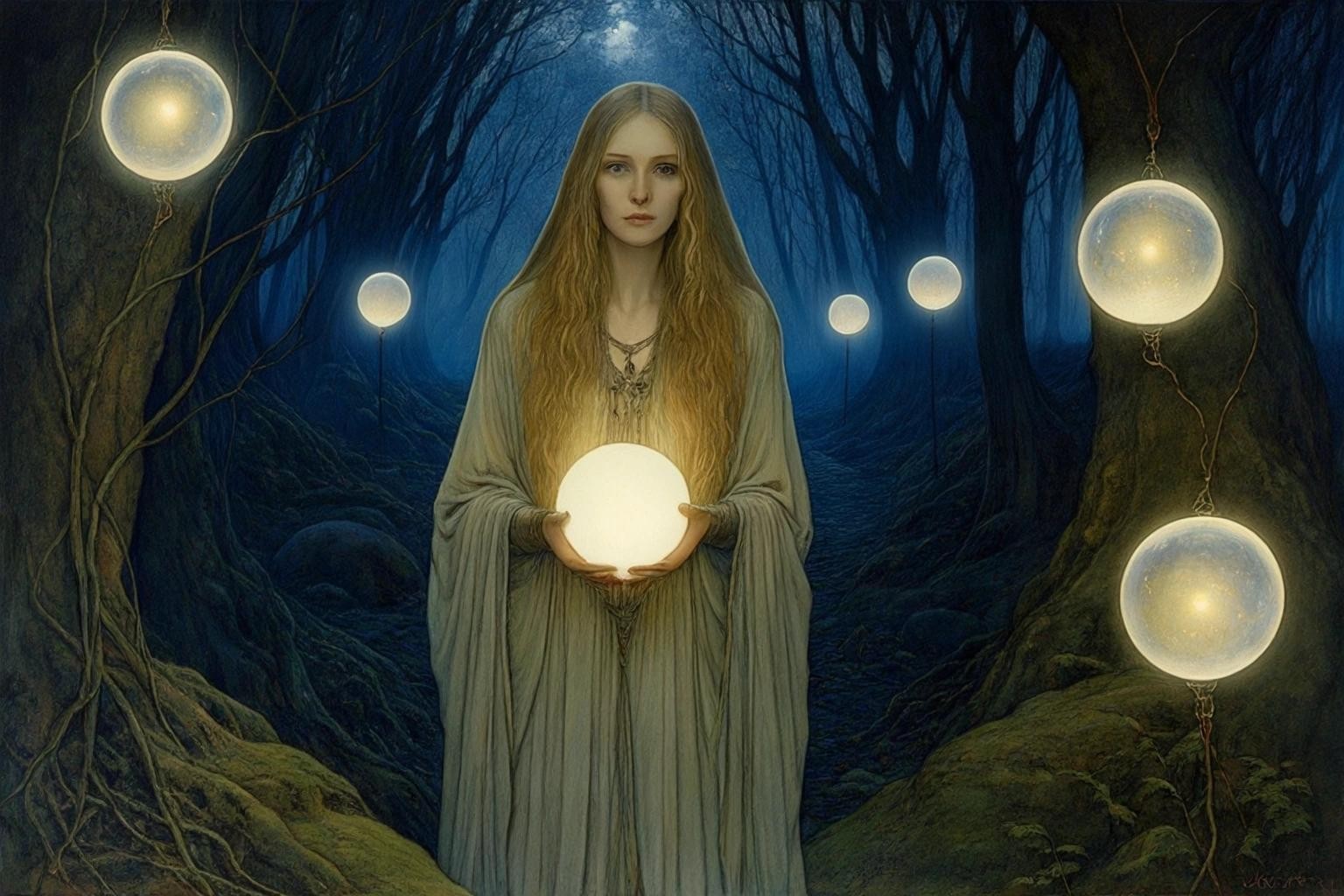 Image with seed 1428333940 generated via Stable Diffusion through @stablehorde@sigmoid.social. Prompt: Elven Priestess standing between two glowing orbs in a magical grove at night, perfect face, expressive eyes, highly detailed, elegant, fantasy, oil on canvas, very attractive, beautiful, Pre-Raphaelite, Dante Gabriel Rossetti John William Waterhouse Lawrence Alma-Tadema Jean-Auguste-Dominique Ingres Brian Froud Ted Nasmith John Howe John Bauer Alan Lee