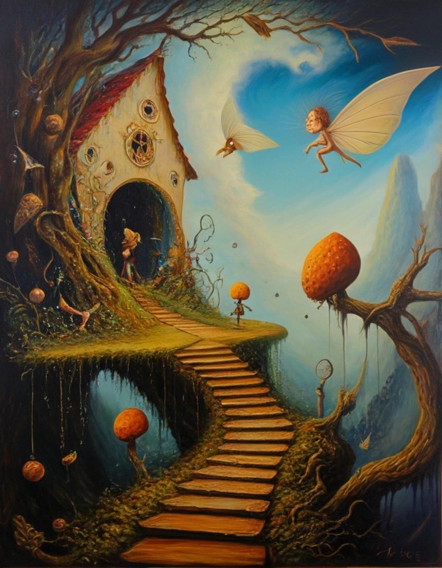 Image with seed 3408078807 generated via Stable Diffusion through @stablehorde@sigmoid.social. Prompt: the Great Fenwick Pixie Escape of '97, surrealism, fantasy, magic, oil on canvas 