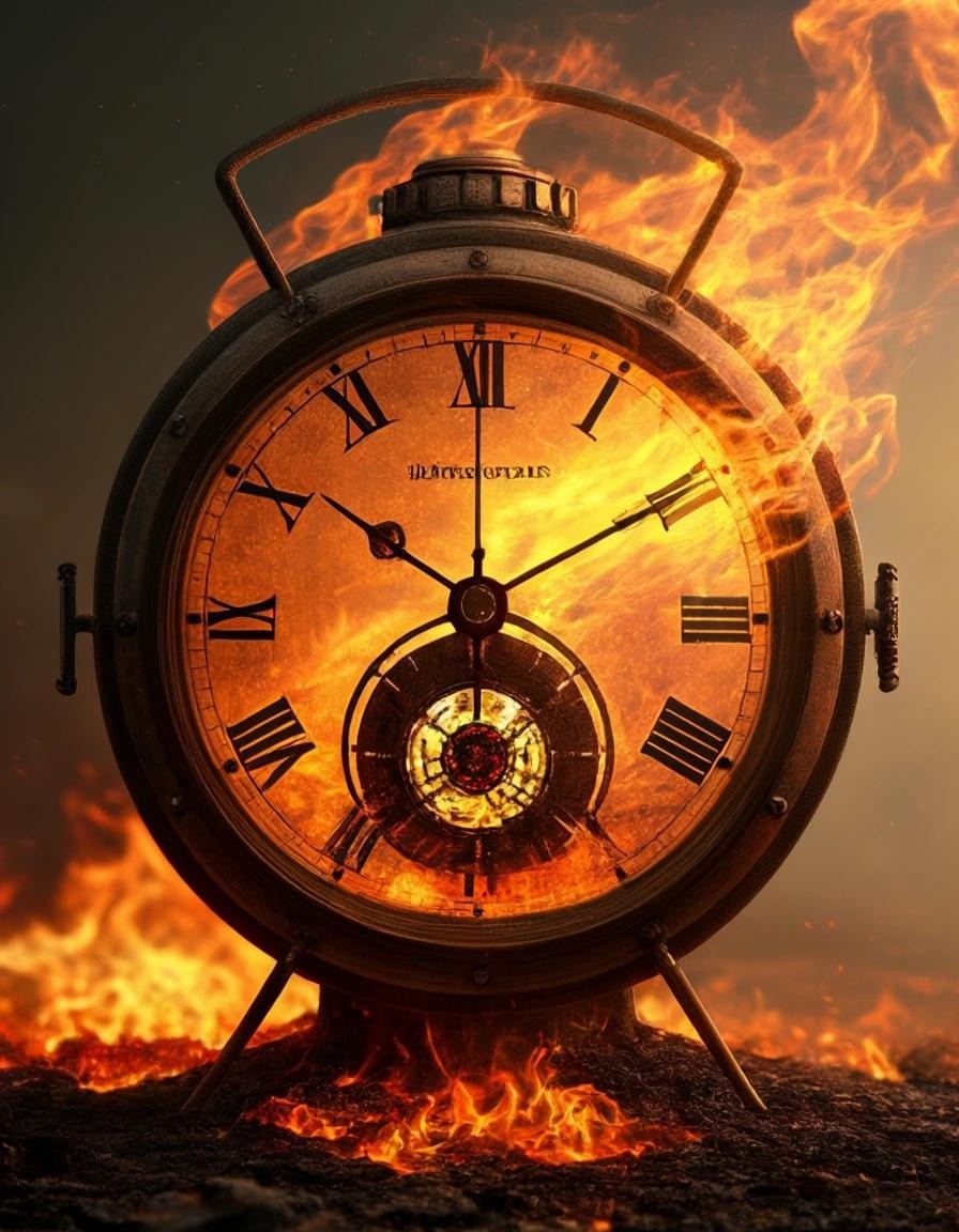 Image with seed 1706351661 generated via Stable Diffusion through @stablehorde@sigmoid.social. Prompt: Time is the fire in which we all burn. Surrealism, fantasy, science fiction, cyberpunk 