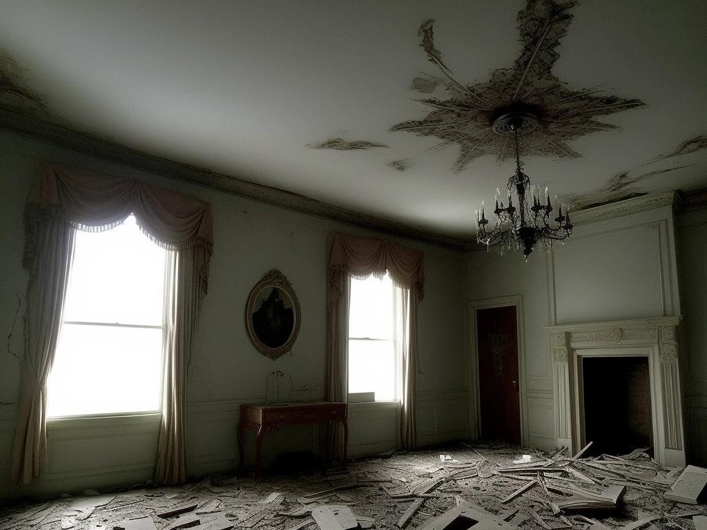 Image with seed 2190206949 generated via Stable Diffusion through @stablehorde@sigmoid.social. Prompt: Haunting, Paranormal, Ghosts, EVP, Poltergeist, Unexplained, Phenomena, 2000s photograph of a sceance, elaborate, abandoned home style###