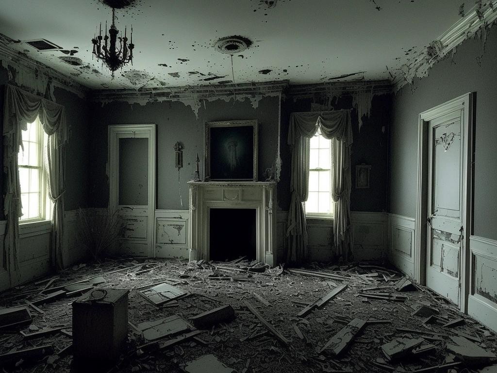 Image with seed 3412551399 generated via Stable Diffusion through @stablehorde@sigmoid.social. Prompt: Haunting, Paranormal, Ghosts, EVP, Poltergeist, Unexplained, Phenomena, 2000s photograph of a sceance, elaborate, abandoned home style###