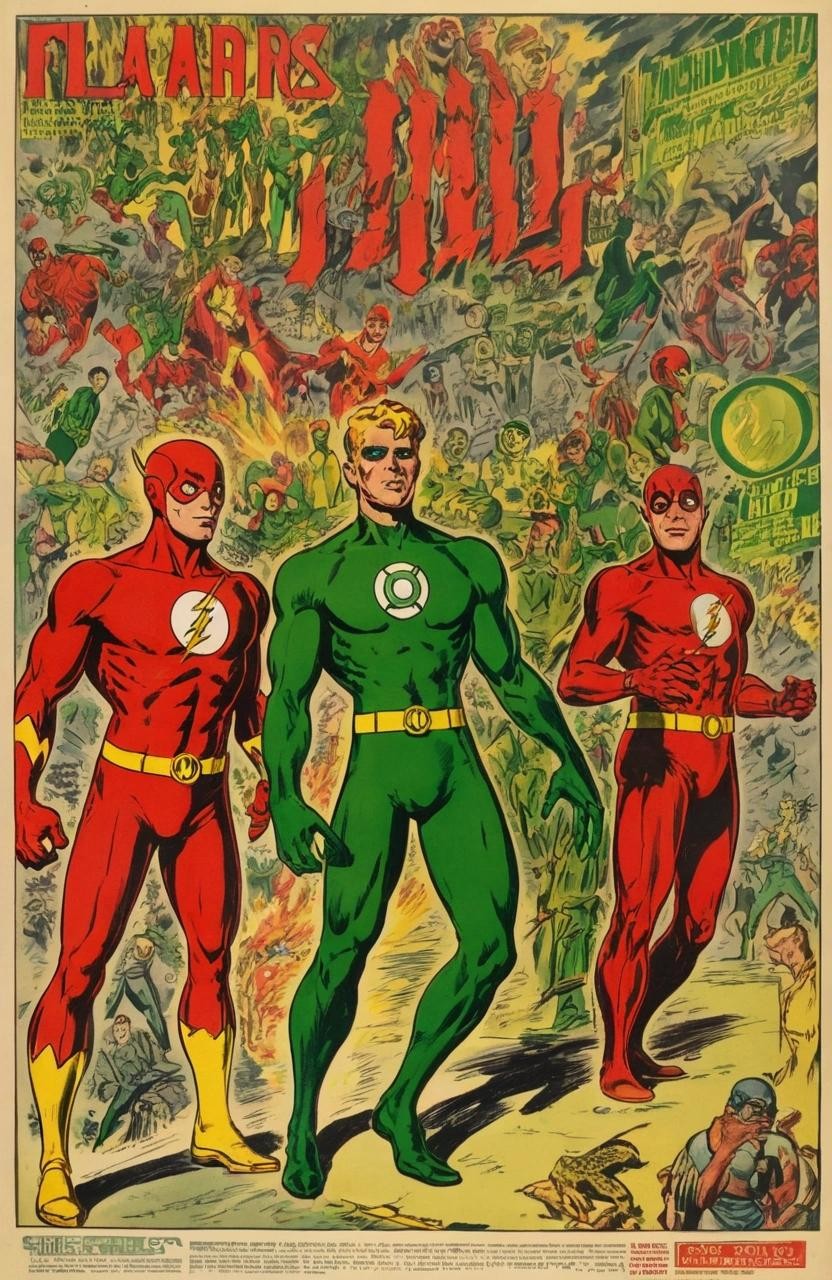 Image with seed 2372633189 generated via Stable Diffusion through @stablehorde@sigmoid.social. Prompt: british superheroes, like the flash, green lantern, deadpool , 1940s golden age comics style screen print, cover art by CC Beck and Will Eisner, (thick lines:0.7), early CMYK lithography, halftones###3d, modern, black and white, spot colorsuperman,batman,wonderwoman