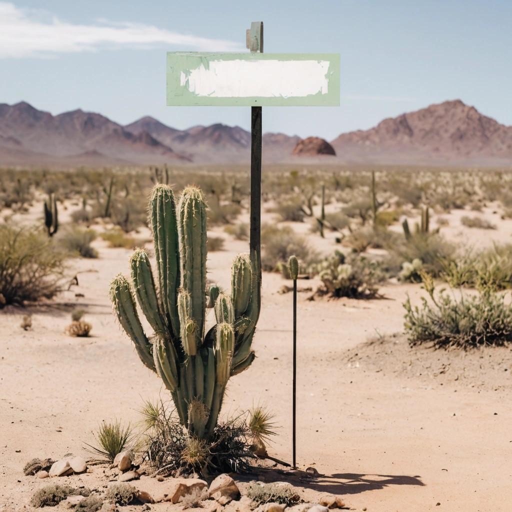 Image with seed 3577683923 generated via Stable Diffusion through @stablehorde@sigmoid.social. Prompt: a picture of a cactus in the desert with a empty sign